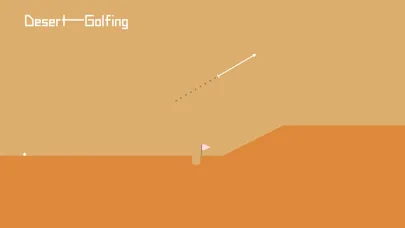 Schermata di Desert Golfing: una duna arancione, una pallina bianca e la traiettoria tratteggiata di un tiro, senza alcuna interfaccia oltre al titolo in alto a sinistra.