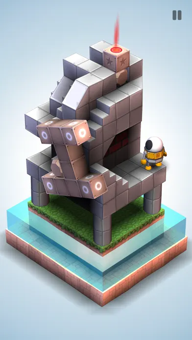 Diorama di Mekorama: una struttura grigia di blocchi su una zolla d'erba sospesa, con il piccolo robot giallo su un ripiano e il simbolo di pausa in alto a destra.